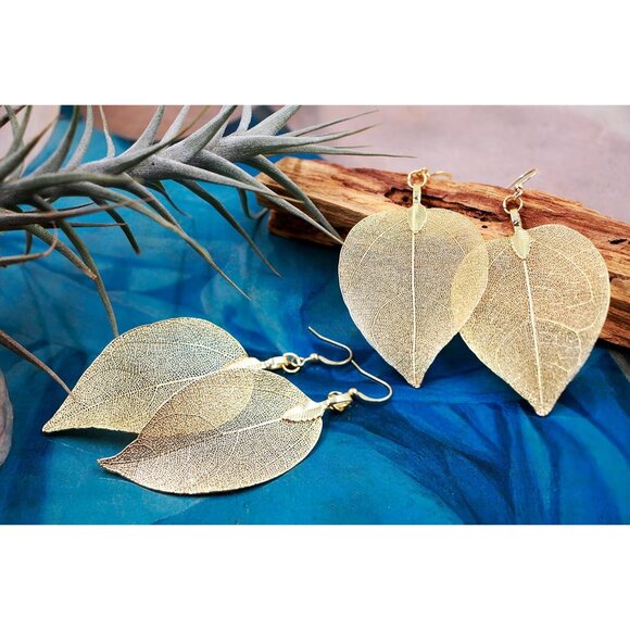 Gold Silver Rose Gold Leaf Jewelry for Women. Natural Leaf Earrings and Pendant - Picture 3 of 9